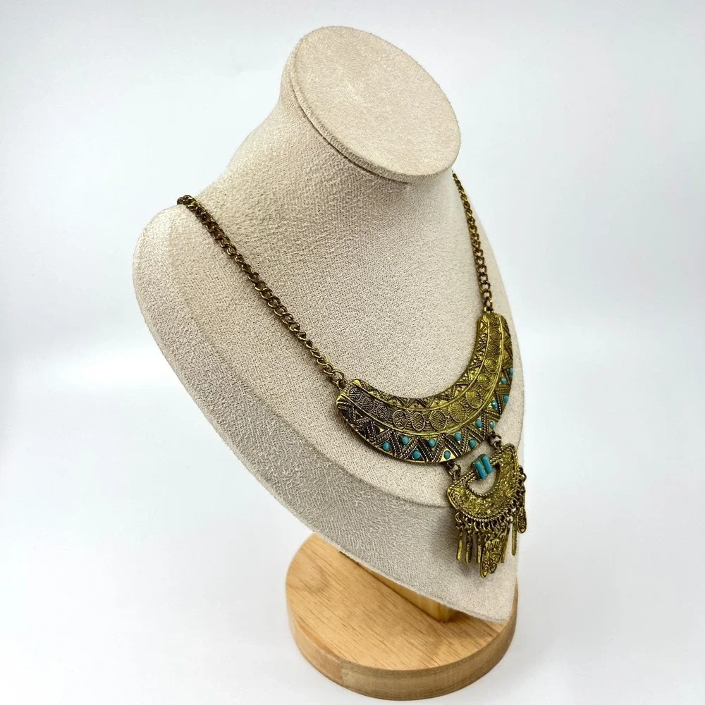 VTG Retro Antique Gold Tone Bib Statement Necklace Boho Turquoise‎ Color Accents